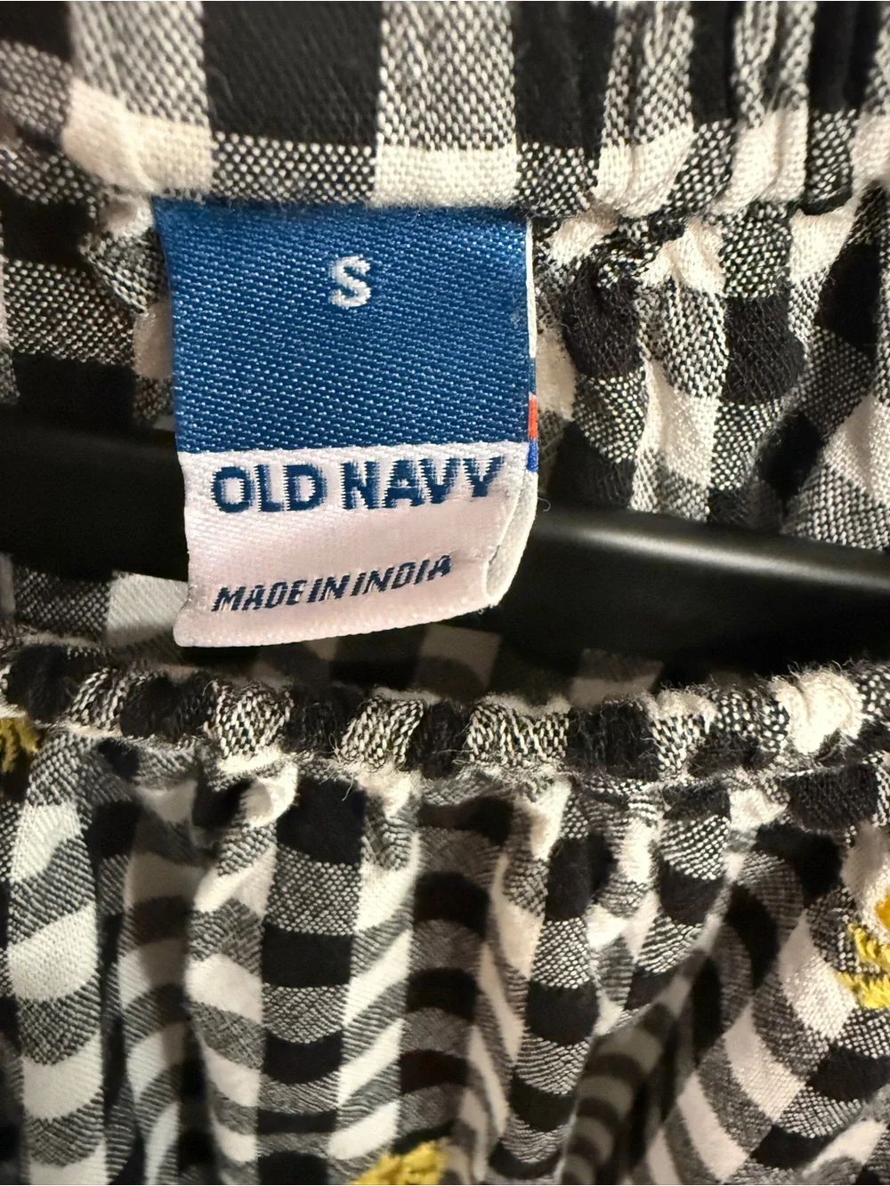 Old Navy Black-and-White Gingham Puff Sleeve Top with Yellow Embroidery